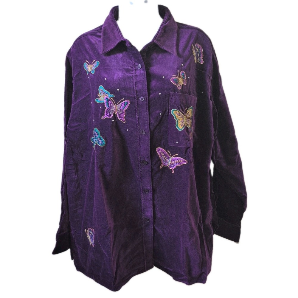 Quacker Factory Women 1X Purple Velour Velvet Butterfly Button Down Shirt - New